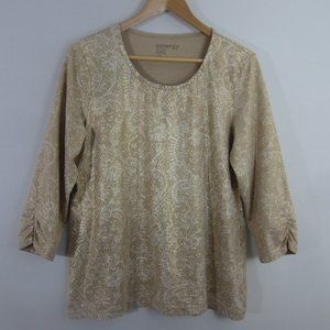 Chicos 2 Zenergy Womens L Gold Metallic Paisley Polka Dot Knit Top Blouse Shirt